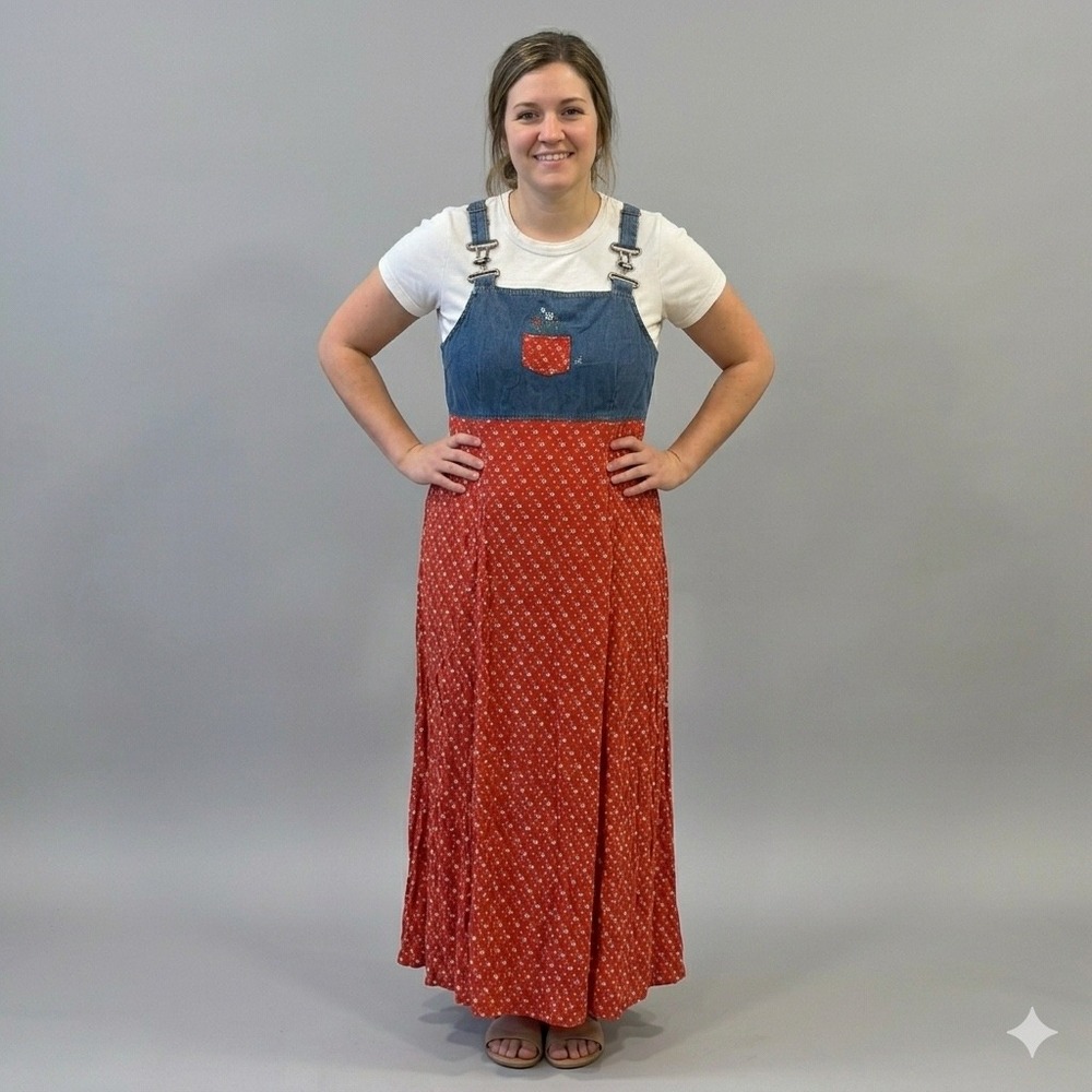 TR Bentley Vintage 90s Denim Floral Pinafore Maxi Dress XL Red Blue Daisy Ditsy